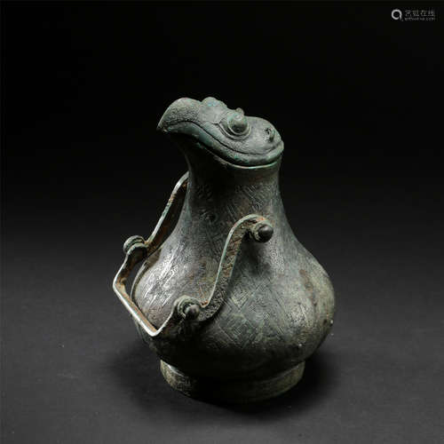 CHINESE ANCIENT BRONZE LONG HANDLE ZUN WARRING PERIOD