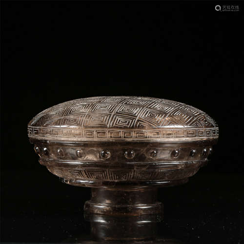 CHINESE BROWN ROCK CRYSTAL LIDDED ROUND BOX