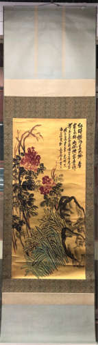 CHINESE SCROLL PAINTING OF FLOWER AND ROCK