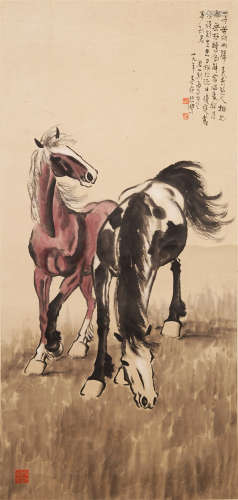 CHINESE SCROLL PAINTING OF HORSES