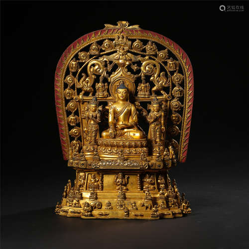 CHINESE GILT BRONZE SEATED SAYKAMUNI ON NICHE