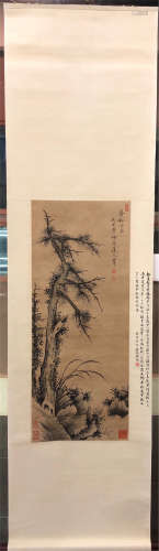 CHINESE SCROLL PAINTING OF TREE AND ROCK WITH CALLIGRAPHY