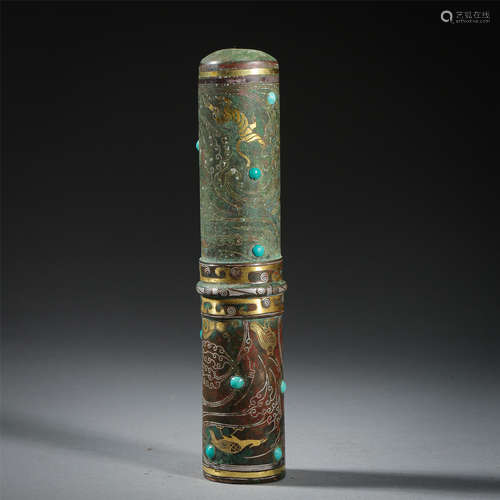 CHINESE GOLD SILVER TURQUOISE INLAID SPEAR HANDLE WARRING PERIOD