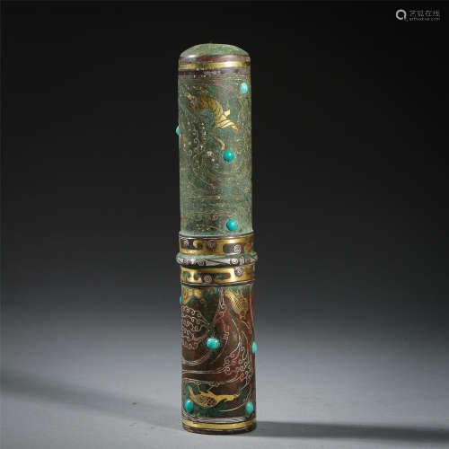 CHINESE GOLD SILVER TURQUOISE INLAID SPEAR HANDLE WARRING PERIOD