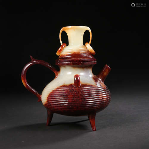 CHINESE ANCIENT JADE TRIPLE FEET LIDDED KETTLE