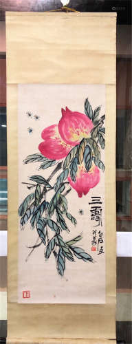 CHINESE SCROLL PAINTING OF PEACH AND WASP