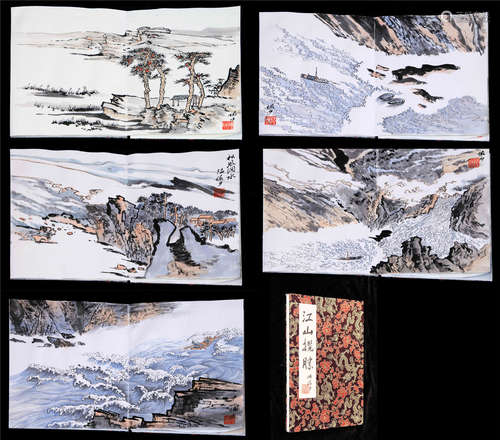 FIVE PAGES OF CHINESE ALBUM PAINTING OF MOUNTAIN VIEWS