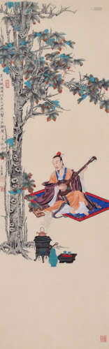 CHINESE SCROLL PAINTING OF MUSICAN UNDER TREE