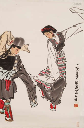 CHINESE SCROLL PAINTING OF TIBETAN DANCERS