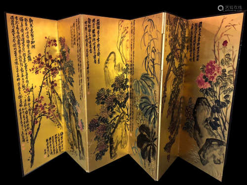 SIX PANELS OF CHINESE SCROLL PAINTING OF FLOWER AND ROCK ON GOLD PAPER MOUNTED AS FLOOR SCREEN