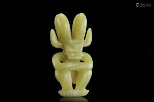 CHINESE CELADON JADE SEATED GOD FIGURE