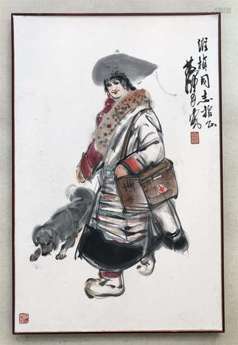 CHINESE SCROLL PAINTING OF GIRL AND DOG