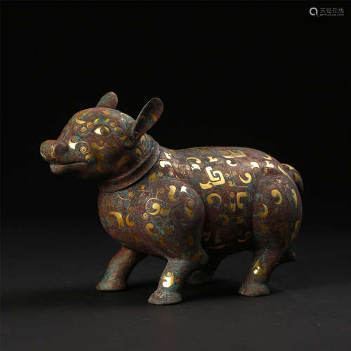 CHINESE GOLD INLAID BRONZE BEAST HAN DYNASTY