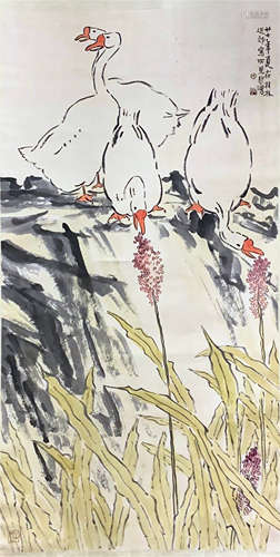 CHINESE SCROLL PAINTING OF GEESE AND FLOWER