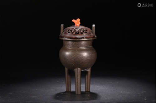 CHINESE SILVER INLAID BRONZE HIGH TRIPLE FEET CENSER WITH CORAL KNOT ROSEWOOD LID