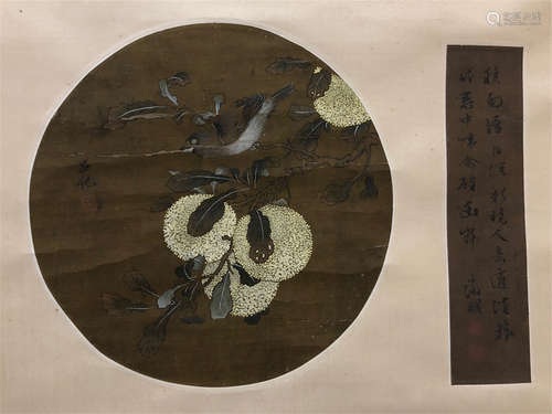 CHINESE ROUND FAN PAINTING OF BIRD AND FRUIT