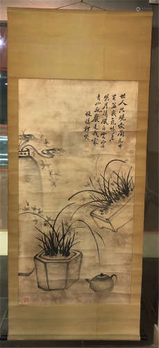 CHINESE SCROLL PAINTING OF ORCHID IN BASIN
