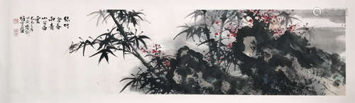 CHINESE HARIZONTAL SCROLL PAINTING OF BAMBOO AND ROCK