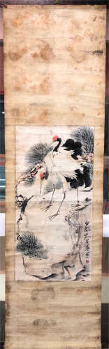 CHINESE SCROLL PAINTING OF CRANE ON ROCK