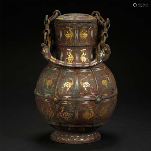 CHINESE GOLD INLAID BRONZE LONG HANDLE KETTLE HAN DYNASTY