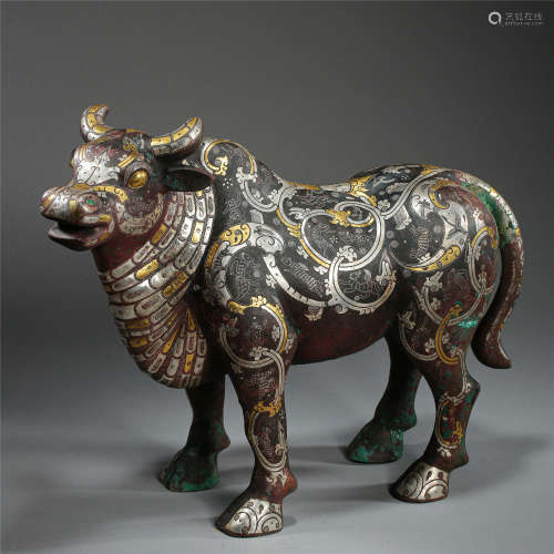 CHINESE GOLD SILVER INLAID BRONZE OX HAN DYNASTY