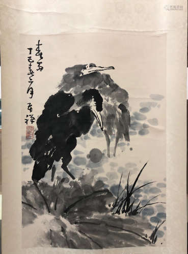 CHINESE SCROLL PAINTING OF BIRDS BY RIVER