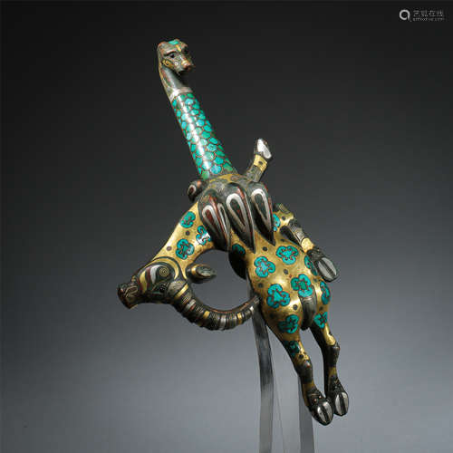 CHINESE GOLD SILVER TURQUOISE INLAID BRONZE DRAGON BELT HOOK HAN DYNASTY