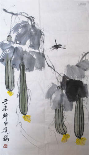 CHINESE SCROLL PAINTING OF DRAGONFLY AND SQUASH