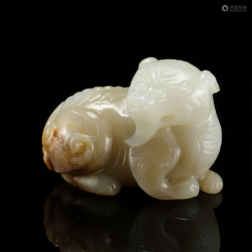 CHINESE CELADON JADE COUCHING BEAST