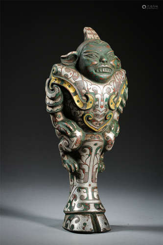 CHINESE GOLD SILVER INLAID BRONZE STANDING FIGURE HAN DYNASTY