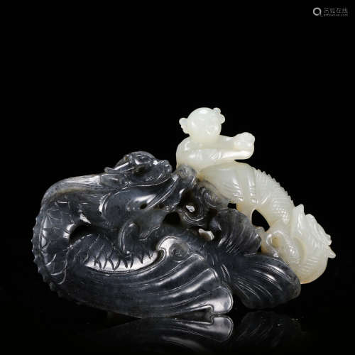 CHINESE DOUBLE COLOR JADE BOY WITH DRAGONS