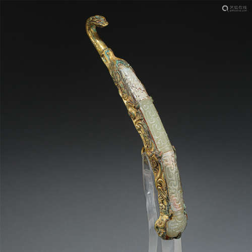 CHINESE JADE INLAID GILT BRONZE DRAGON BELT HOOK HAN DYNASTY