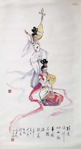 CHINESE SCROLL PAINTING OF TWO FEMALE MUSICAN