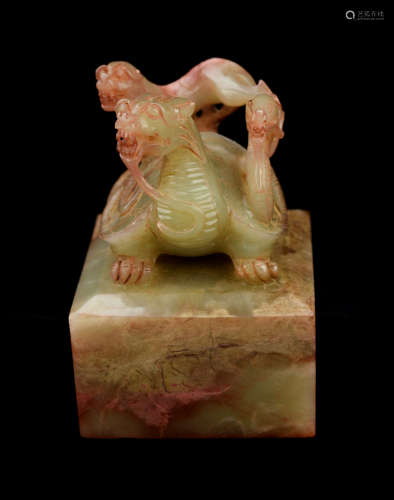 An Old Xiuyan Jade Seal with Xuanwu and White Tiger