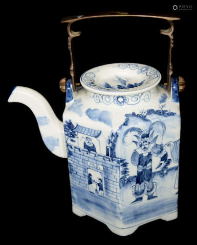 A Chinese Blue and White Porcelain Teapot with Story Portrait and Bronze Handle