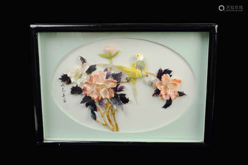 [Chinese] A Chaoshan Shell Collage of Parrot and Peony in Frame