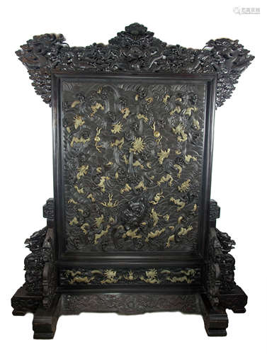 Chinese Old Red Wood Screen studded with Jades 