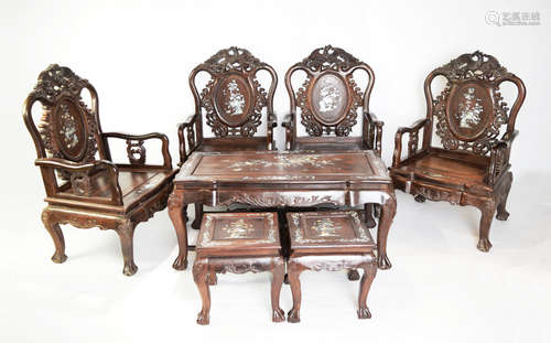 A Chinese Siamese Rosewood (Suanzhi) Living Room Set (7 pcs) Carved with Phoenix and Inlaid with Mother Pearl Floral Patterns