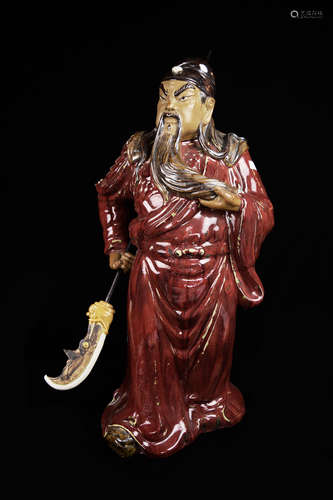 An Old Chinese Shiwan Pottery Guan Gong Statue (Red), marked 