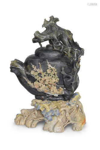 A Qingtian Jade Carved Teapot with Plum Blossom Ornament