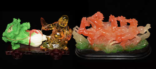 An Decorative Piece of Eight Horses and a Napa Cabbage Shaped Piggy Bank with Laughing Buddha Figurine