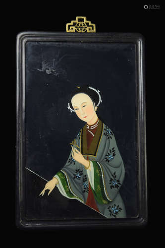 [Chinese] A Republic Era Glass Painting of a Green Dress Lady