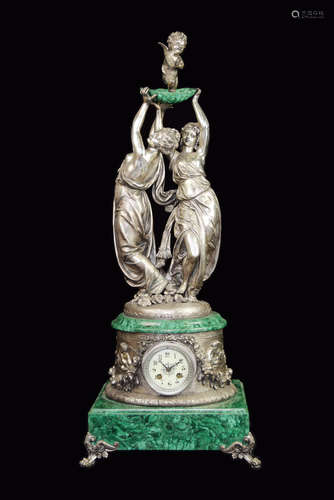 A Silver Plated Bronze Clock with Statue of Two Ladies and Malachite Base