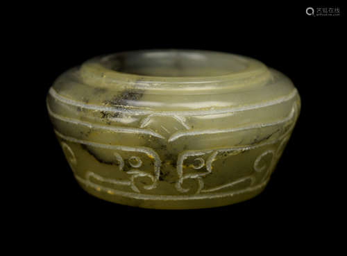 [Chinese] An Old Grey Jade Paint Brush Wash with Taotie Pattern Carving and Mineral Seep Mark