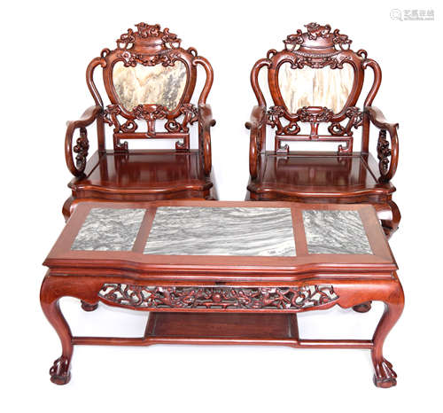 [Chinese] A Set of Chinese Rosewood (Suanzhi) with Marble Inlaid Living Room Set (3 pcs)