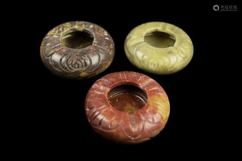 A Set of Three Various Colour Chinese Soap Stone Carved Ash Trays
