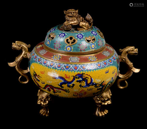 [Chinese] A Pair of Large Cloisonne Incense Burners with Lion on the Top, marked 