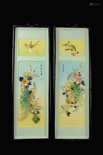 A Pair of Framed Chaoshan Shell Cuttina with Peacocks