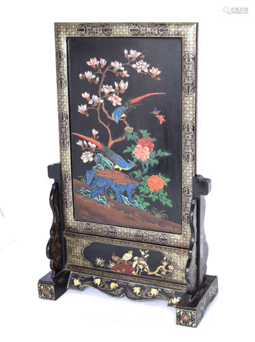 [Chinese] A Old Black Lacquered Standing Screen with Bird and Floral Relief