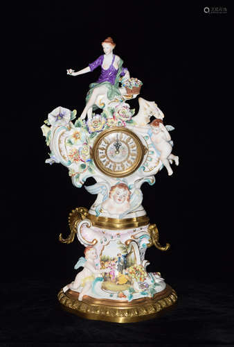 A Continental Porcelain Clock with Flowers and Cherubs